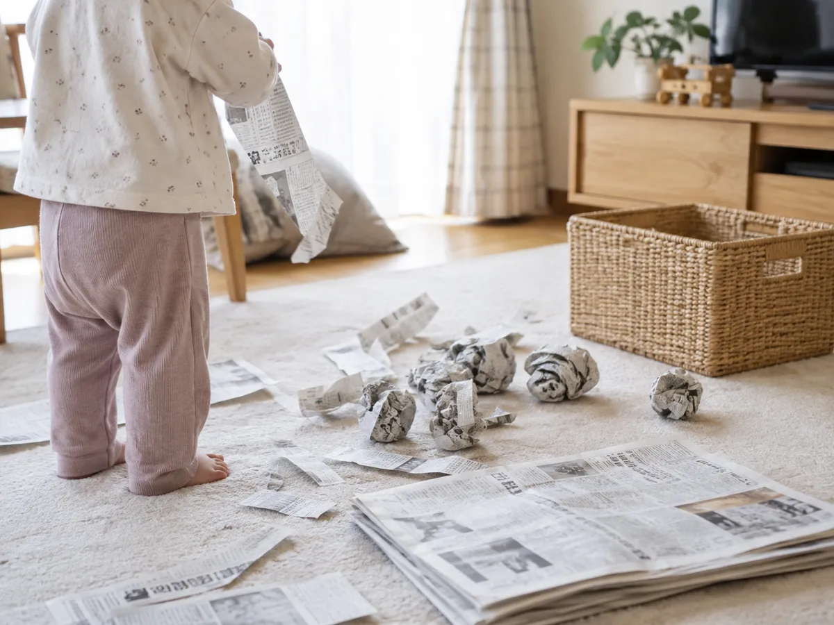 新聞紙びりびり→丸めて玉入れ→ゴミ袋ボール(運営者撮影 1)