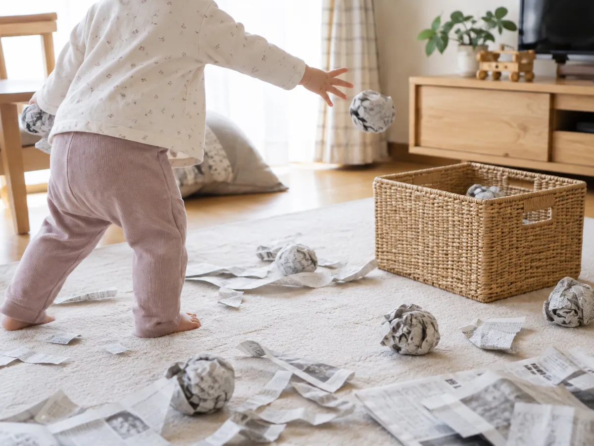 新聞紙びりびり→丸めて玉入れ→ゴミ袋ボール(運営者撮影 2)