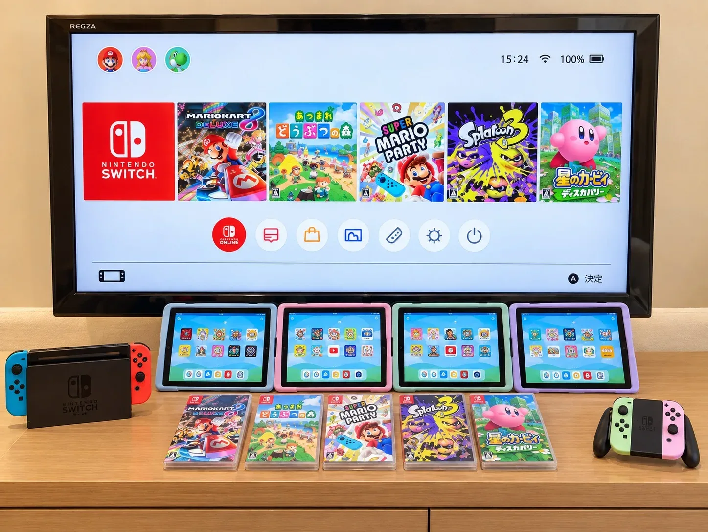 Kids BaseのNintendo Switchとタブレット。モニターの前にタブレット4台とゲームソフトが並んでいる(写真提供:Kids Base)