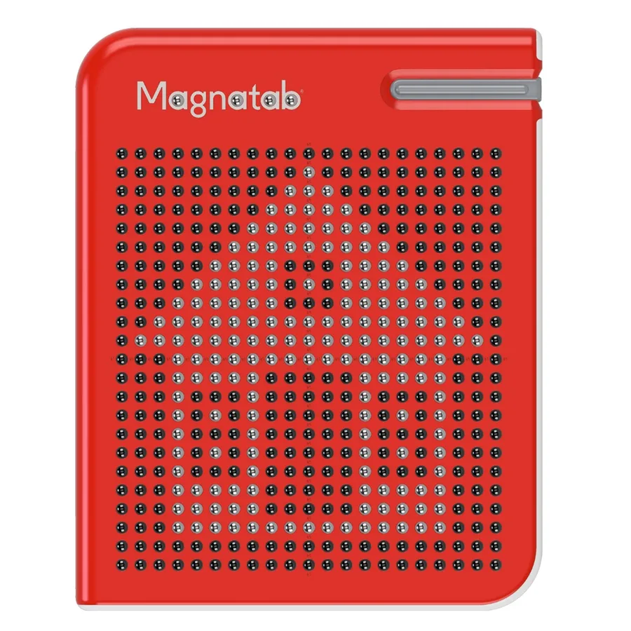 マグタブ（Magnatab）。赤い本体一面に鉄球が並び、右上に磁気ペンが差してある（写真提供：株式会社トラーナ）